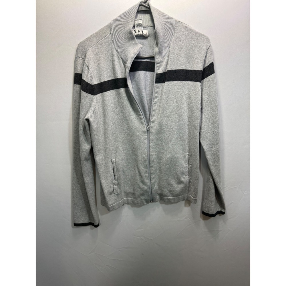 NYL New York Laundry Mens Large Full Zip Sweater Gray Black Stripe Mock Neck L